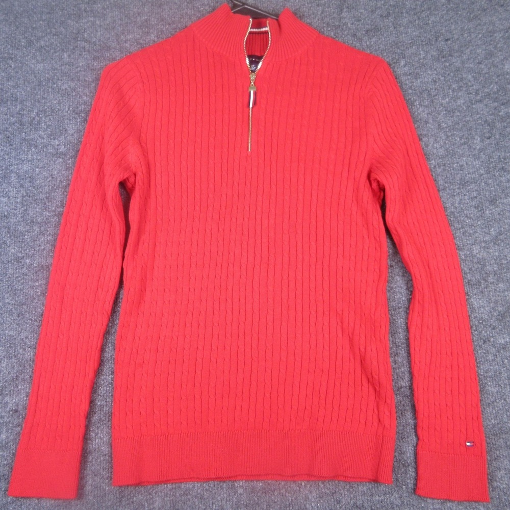 Tommy Hilfiger Sweater Womens Small Red Cable Knit 1/4 Zip Mock Neck Pullover